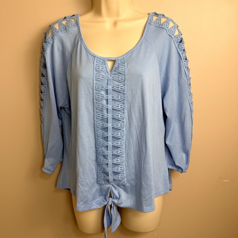 Fyve Blue Crochet Lace Tie Front Blouse Womens Petite Large 3/4 Sleeve Top
